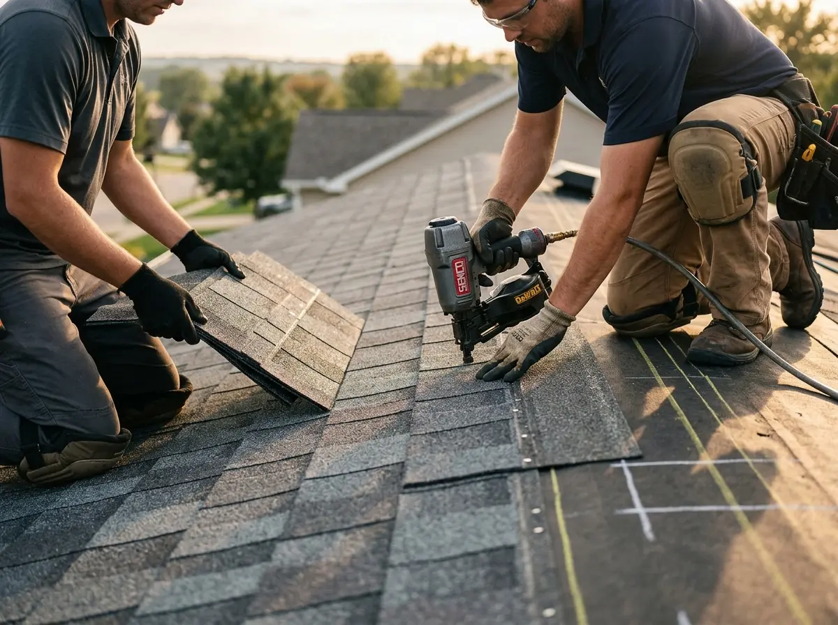 Professional roofer working on a residential roof in De Pere